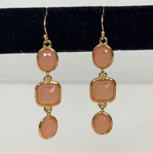 Coral Rhinestone Gold Tone Dangle Earrings - Picture 1 of 4